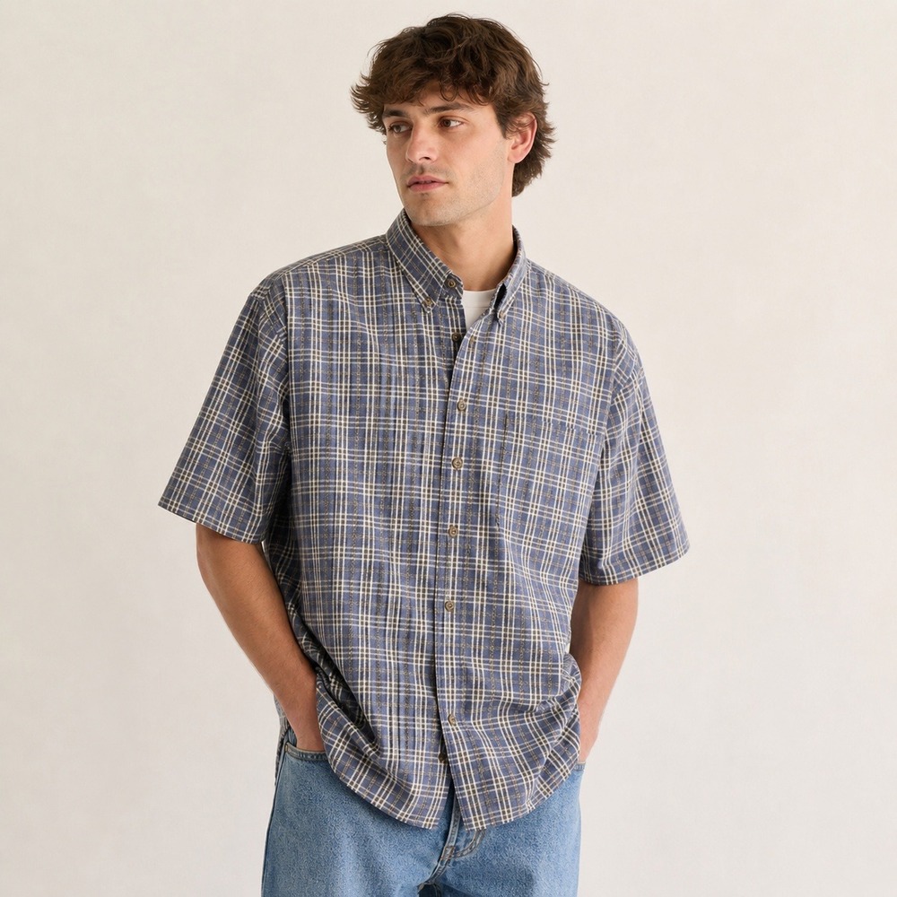 Vintage 90s St John's Bay Plaid Shirt Mens Large 100% Cotton Made‎ in Hong Kong